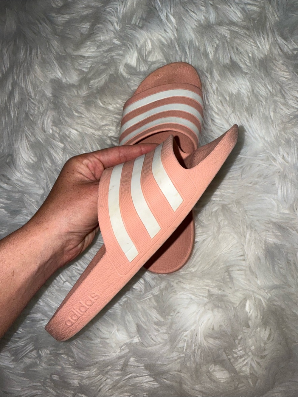 adidas Women’s Peach Slide Sandals with White Stripes